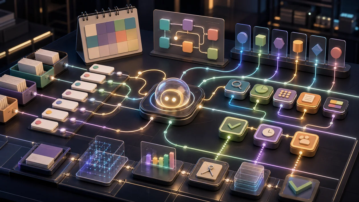 Illustration zu Lindy: KI-Agent plant Aufgaben, verbindet Apps und fuehrt Workflows durch Pruefgates