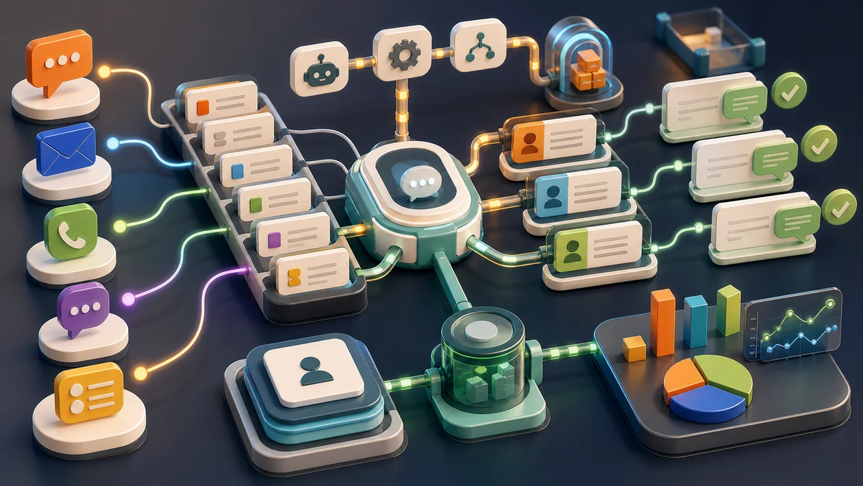 Illustration for LiveAgent: customer requests move through tickets, channels, and support workflows