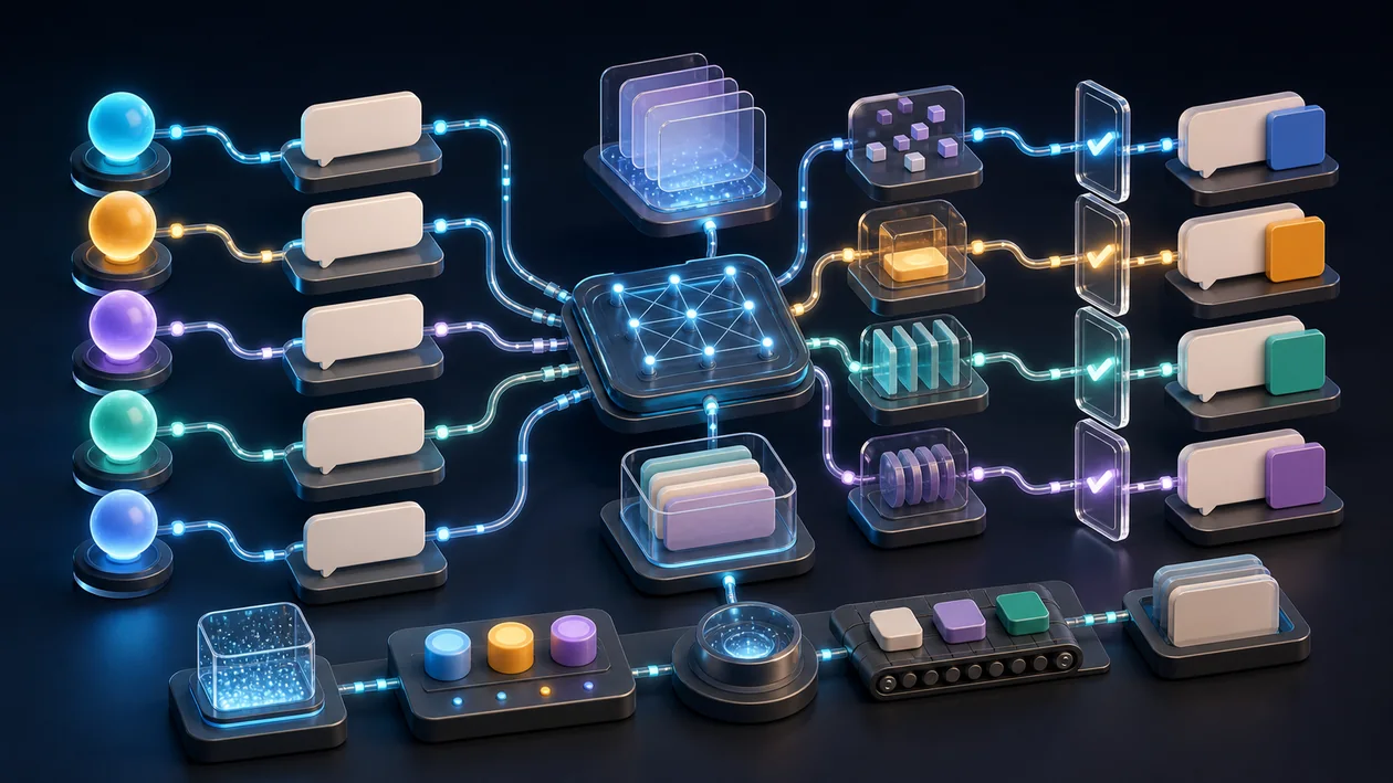 Illustration zu LivePerson: Dialogstroeme laufen durch Conversational-AI-Routing und Review-Gates