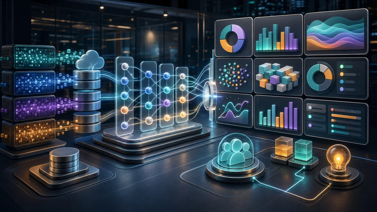 Illustration zu Looker: Datenbloecke werden modelliert, analysiert und als visuelle Insights dargestellt