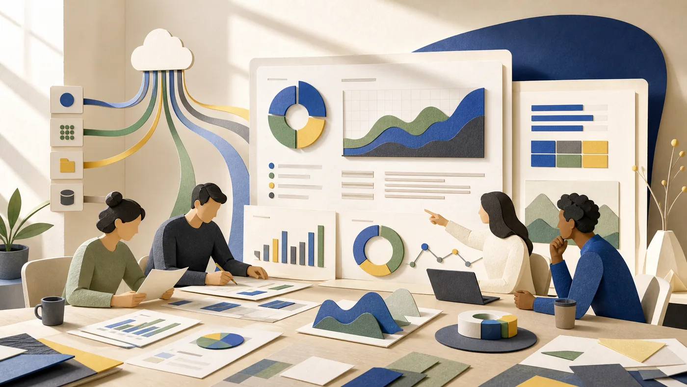 Illustration zu Looker Studio: Datenquellen werden in einem hellen Analysestudio zu Reports