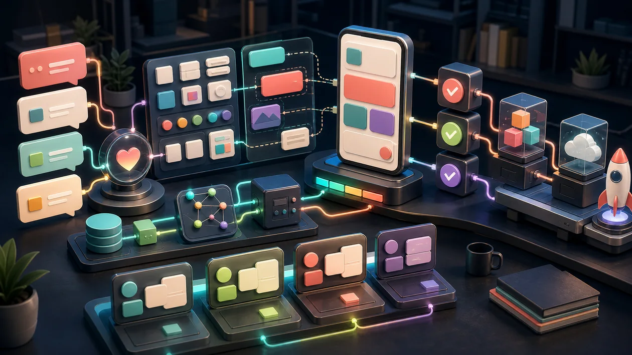 Illustration zu Lovable: App-Prototyp entsteht aus Ideen, Komponenten, Datenbloecken und Tests