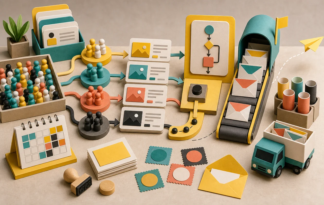 Illustration for Mailchimp: audience groups, campaign cards, and envelopes form an email marketing flow