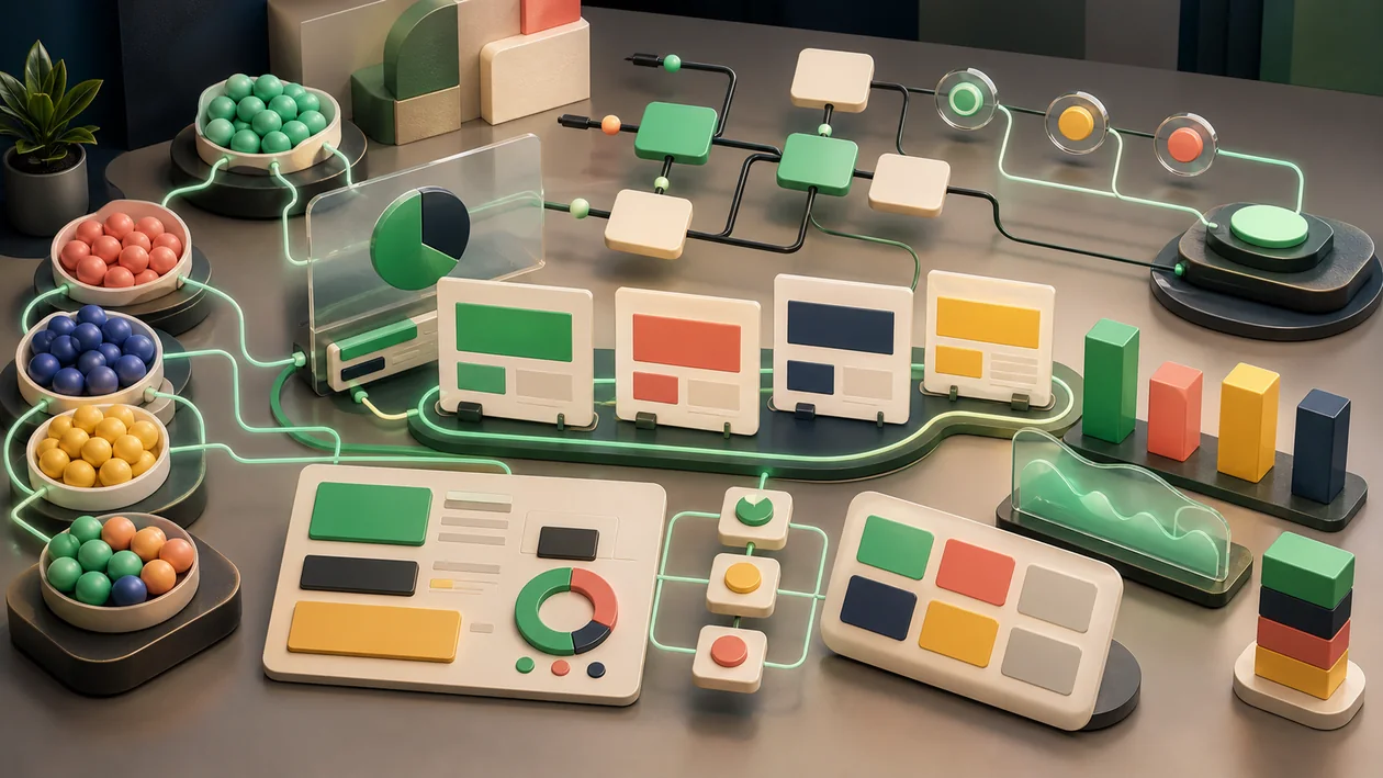 Illustration for MailerLite: campaign cards move through segments, automation, and reporting
