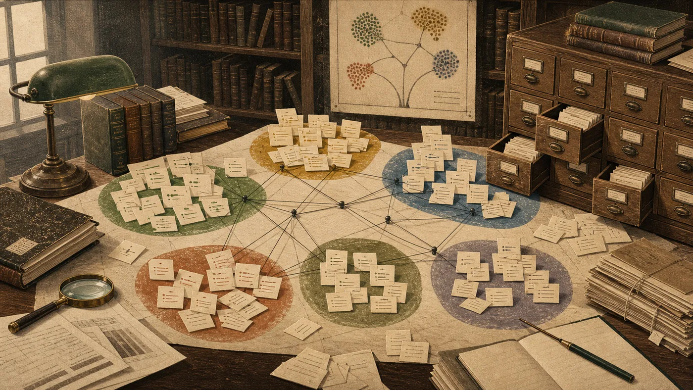 Illustration zu MALLET: Papiercluster auf einem Forschungstisch zeigen Topic Modeling