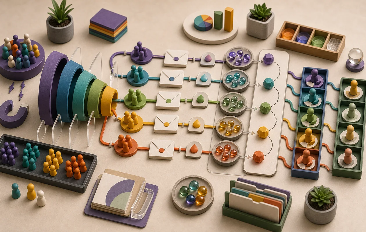 Illustration zu Marketo: Leads laufen durch Segmentierung, Kampagnen und Sales-Handoff