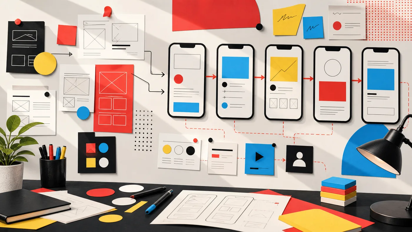 Illustration zu Marvel: Wireframes und Prototyp-Karten h?ngen an einer Design-Studiowand