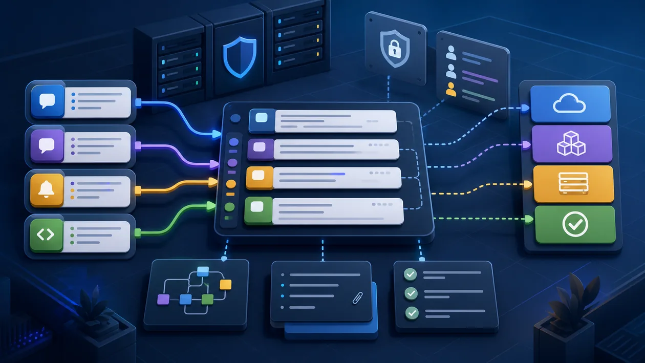 Illustration for Mattermost: team channels, server areas, and notifications converge into secure collaboration