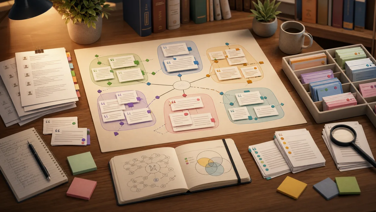 Illustration zu MAXQDA: Interviewnotizen, Codes und Themencluster werden zu einer qualitativen Analyse geordnet