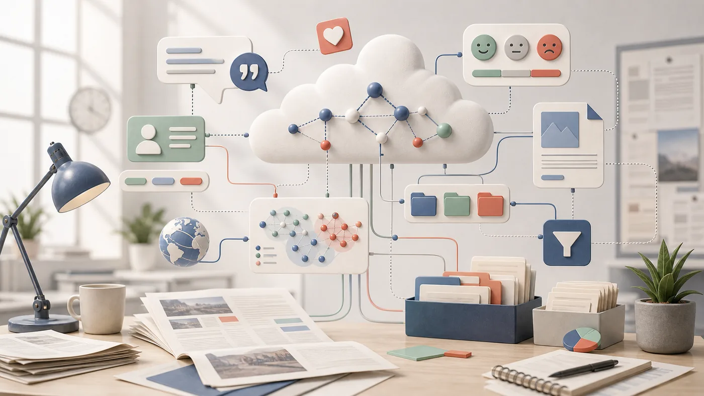 Illustration zu MeaningCloud: semantische Wolken, Entit?ten und Klassifikationspfade ?ber einem Arbeitstisch