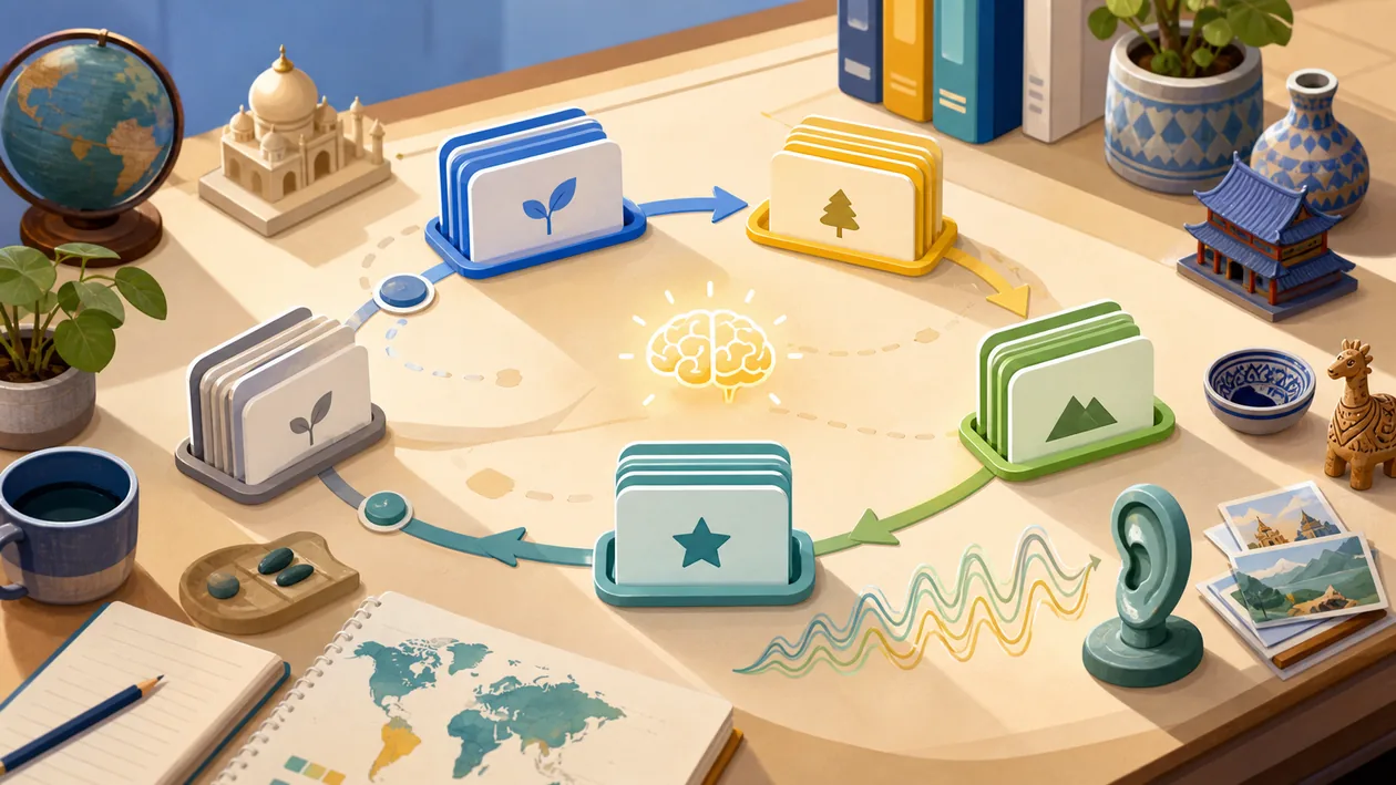 Illustration for Memrise: vocabulary cards move through review cycles and language practice
