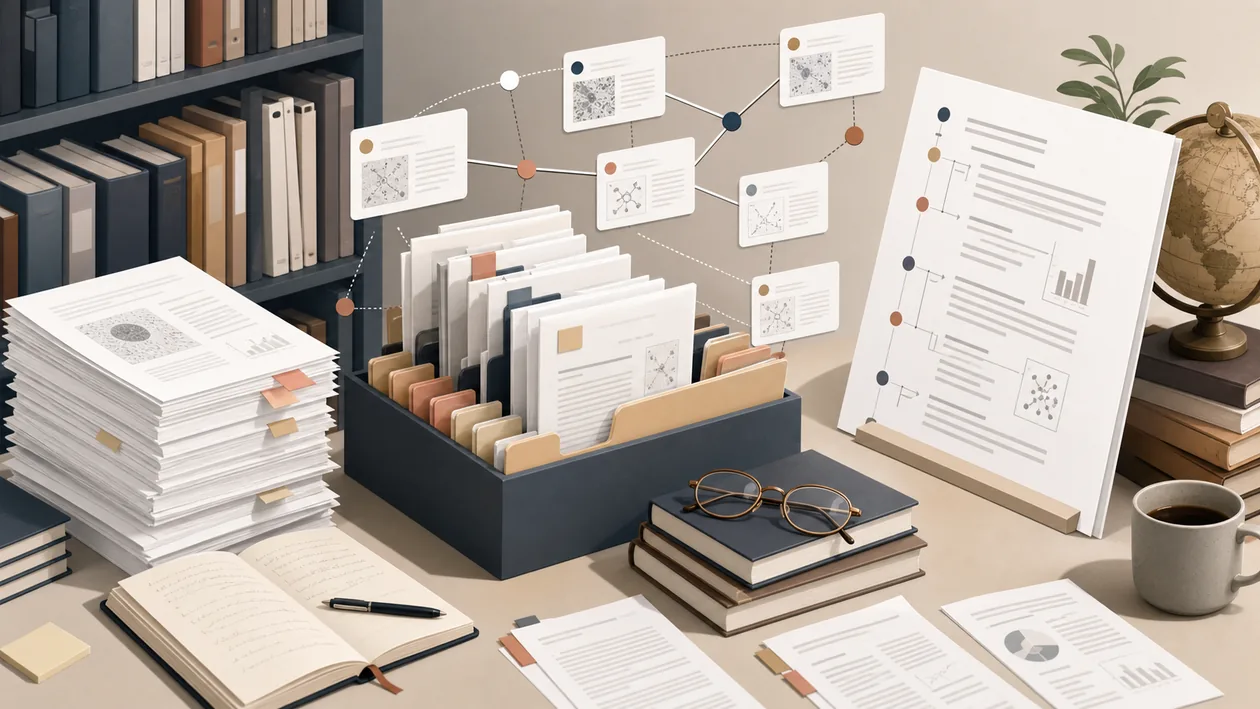 Illustration zu Mendeley: PDFs, Quellenkarten und Zitierpfade werden zu einer Forschungsbibliothek geordnet