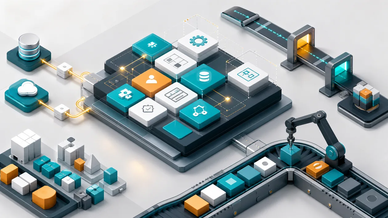 Illustration zu Mendix: Prozessbausteine, Datenverbindungen und Deployment-Gates werden zu einer Low-Code-App zusammengesetzt