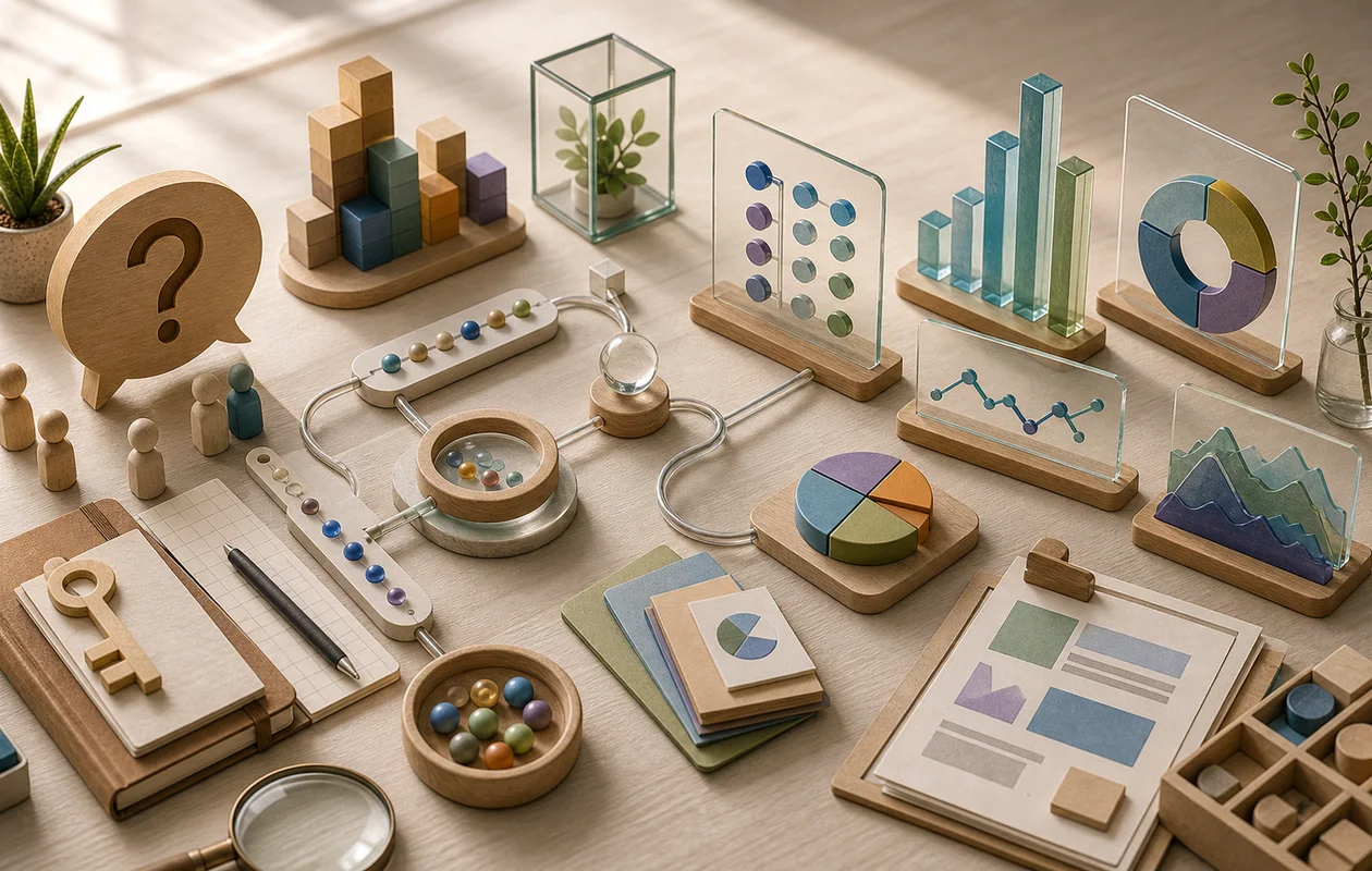 Illustration for Metabase: data questions, chart objects, and answer paths are arranged inside a BI workshop