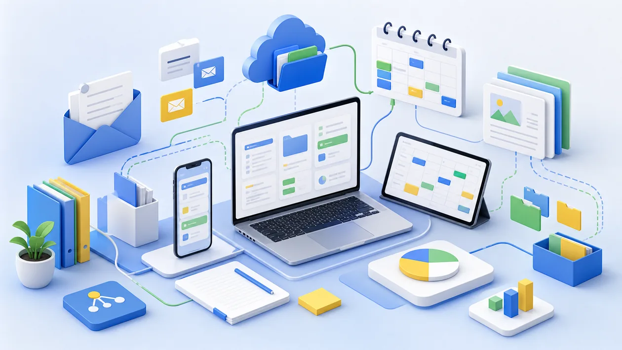 Illustration zu Microsoft 365: Dokumente, Kalender, E-Mail und Cloud-Dateien laufen in einem Arbeitsbereich zusammen