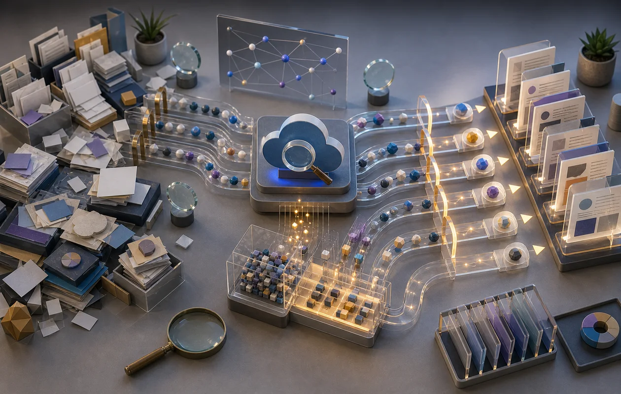 Illustration for Microsoft Azure Cognitive Search: editorial workflow scene for Microsoft Azure Cognitive Search with tool-related work objects