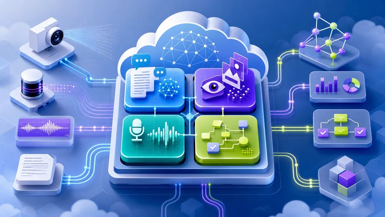 Illustration zu Microsoft Azure Cognitive Services: Sprach-, Bild- und Entscheidungsdienste werden als Cloud-KI-Module verbunden
