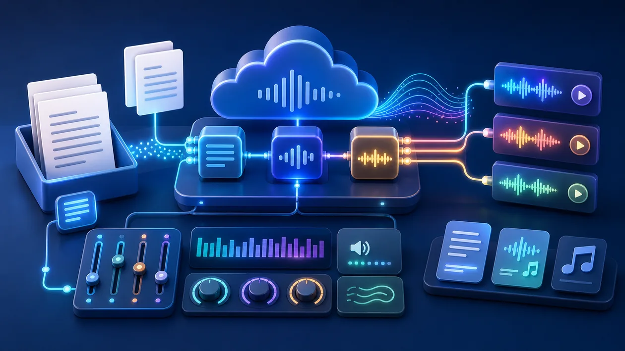 Illustration zu Microsoft Azure Cognitive Services - Text to Speech: Dokumentseiten verwandeln sich ueber eine Cloud-Pipeline in Sprachwellen