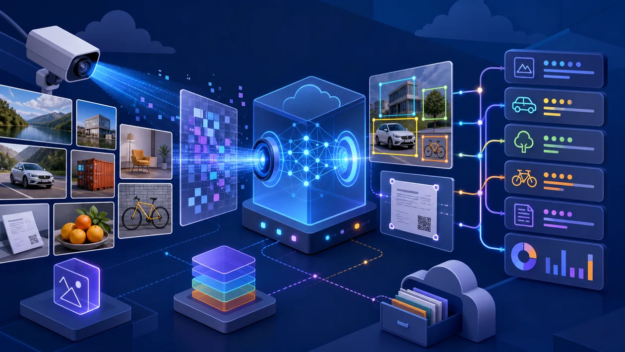 Illustration zu Microsoft Azure Computer Vision: Bildkacheln werden analysiert und in strukturierte visuelle Signale uebersetzt