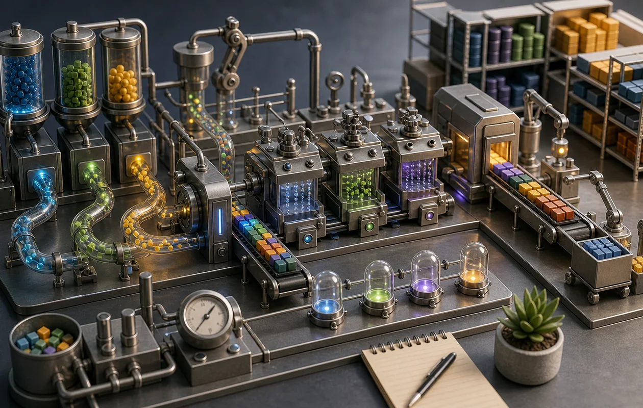Illustration zu Microsoft Azure Data Factory: redaktionelle Workflow-Szene zu Microsoft Azure Data Factory mit toolbezogenen Arbeitsobjekten