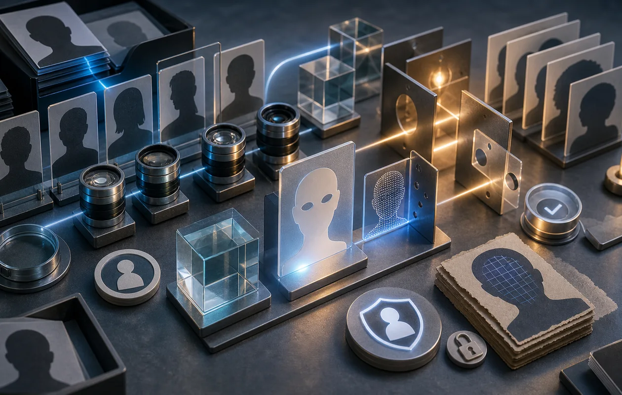 Illustration zu Microsoft Azure Face API: redaktionelle Workflow-Szene zu Microsoft Azure Face API mit toolbezogenen Arbeitsobjekten