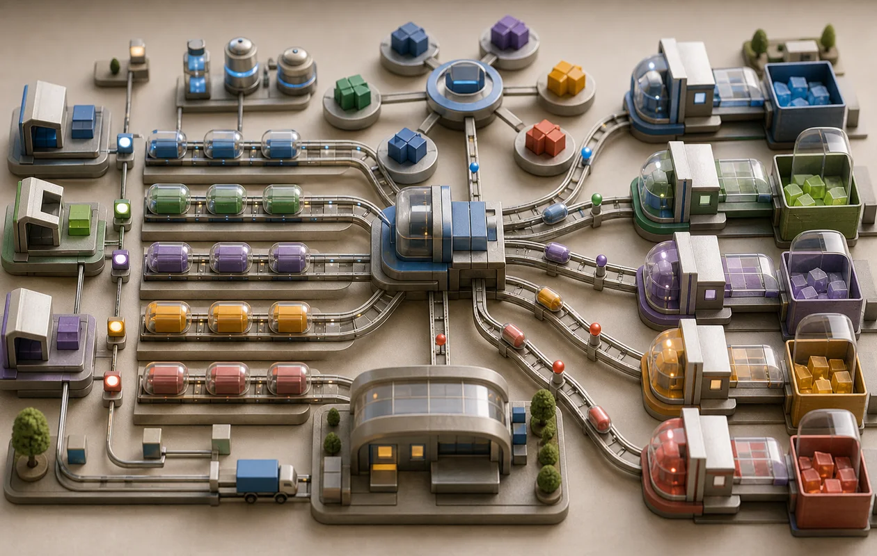 Illustration zu Microsoft Azure Service Bus: redaktionelle Workflow-Szene zu Microsoft Azure Service Bus mit toolbezogenen Arbeitsobjekten