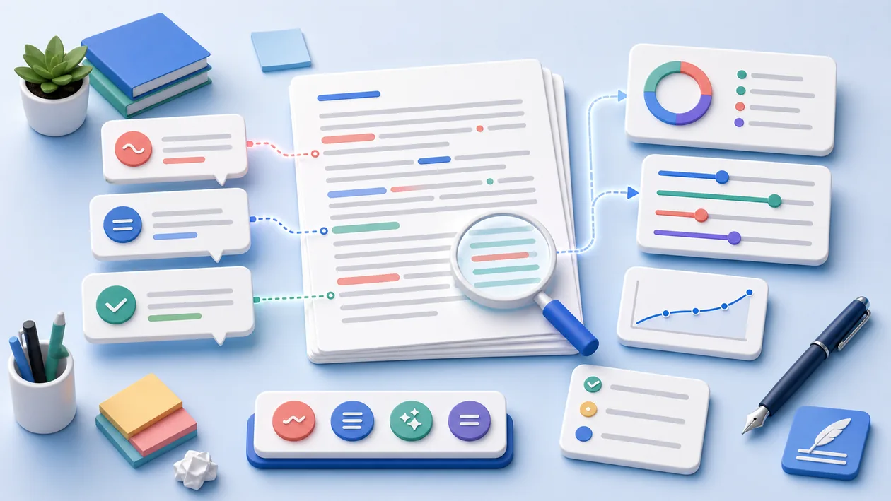Illustration for Microsoft Editor: draft documents are improved with proofing signals, style marks, and clarity markers