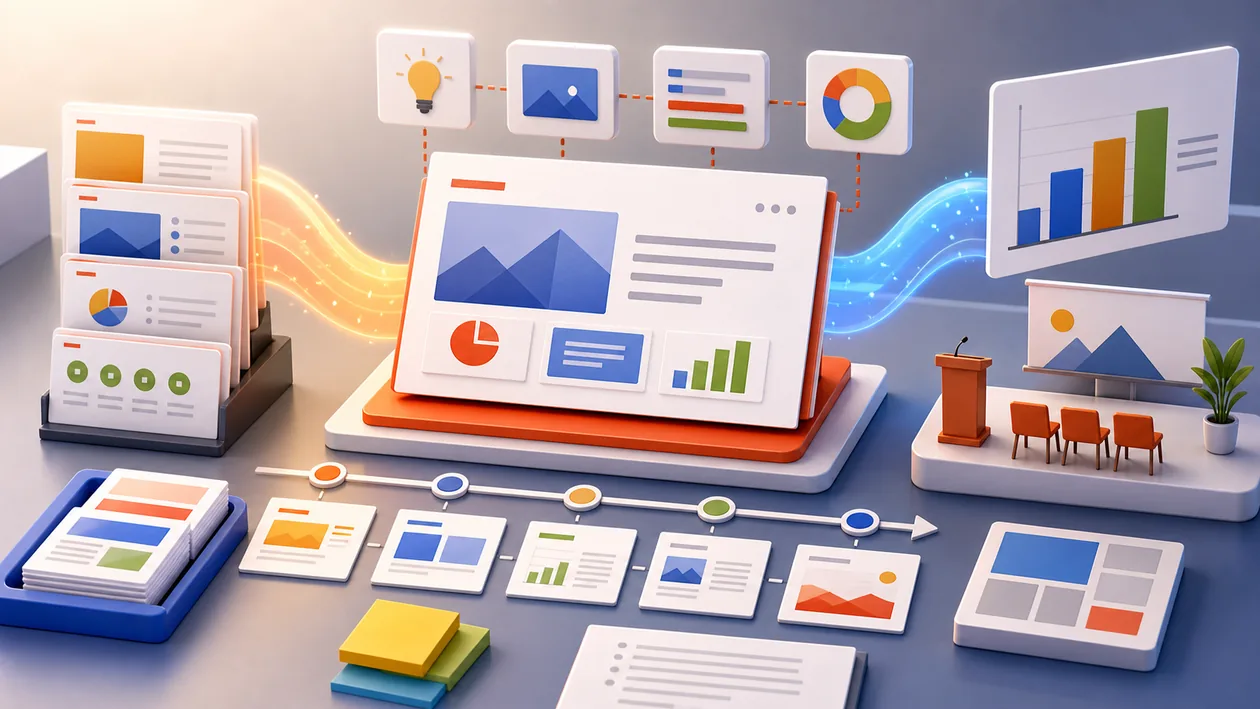Illustration zu Microsoft PowerPoint: Folien, Diagramme und Erzaehlpfade werden zu einer Praesentation aufgebaut