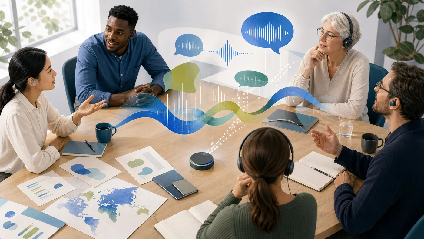 Illustration zu Microsoft Translator: farbige Sprachwellen verbinden ein mehrsprachiges Meeting