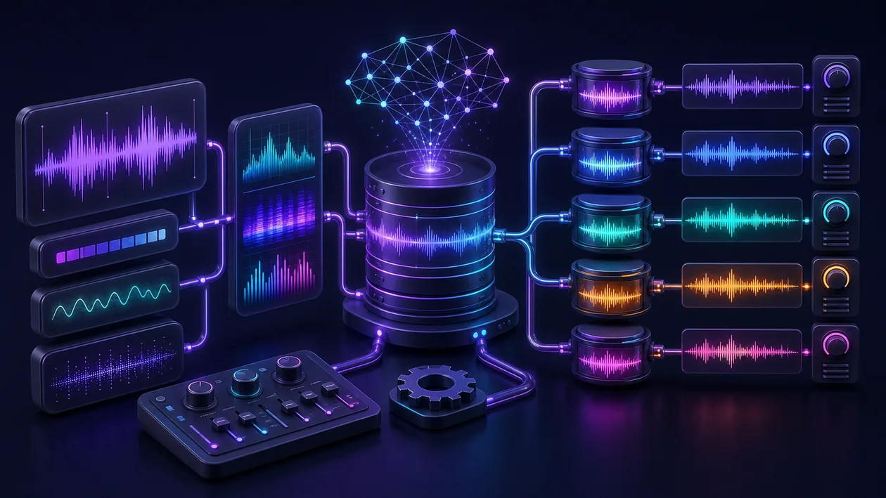 Illustration for Mimic: voice waves are analyzed and shaped into controlled synthetic variants