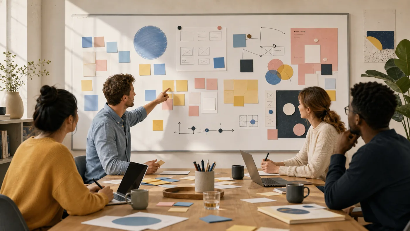 Illustration zu Miro: Workshop-Board mit farbigen Notizen, Diagrammen und Teamabstimmung