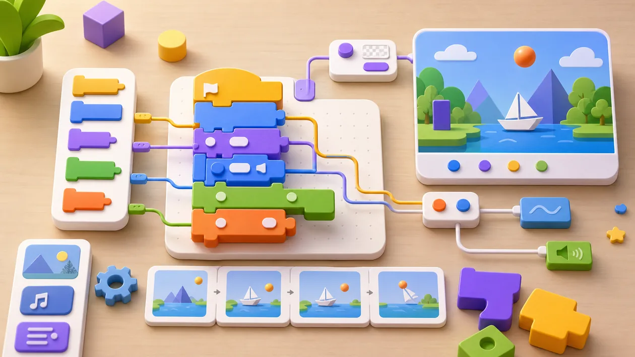 Illustration zu MIT Scratch: farbige Programmierbloecke werden zu einer einfachen interaktiven Szene verbunden