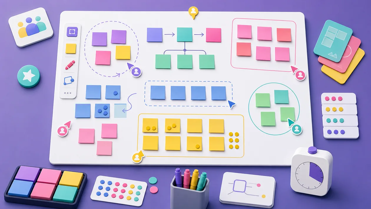 Illustration zu MURAL: Sticky Notes, Cluster und Abstimmungspunkte strukturieren einen Workshop-Canvas