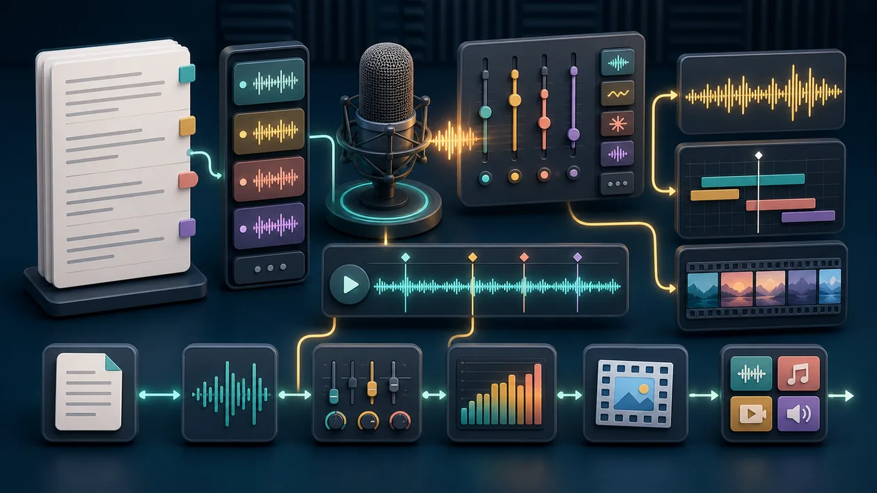 Illustration zu Murf: Skriptkarten, Wellenformen und Timing-Spuren werden zu Voiceover-Produktion verbunden