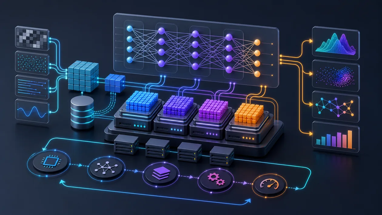 Illustration for MXNet: tensor blocks, model graphs, and training paths form a deep learning architecture