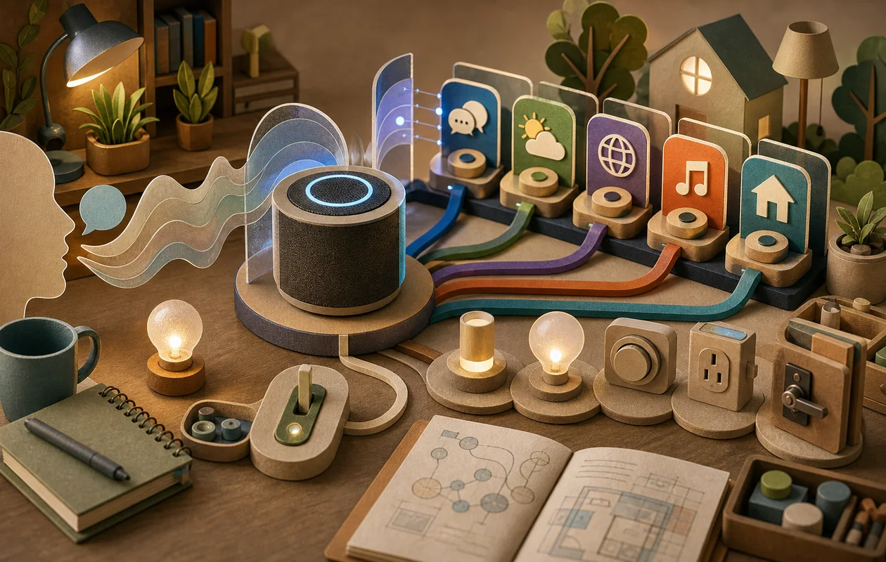 Illustration for Mycroft: editorial workflow scene for Mycroft with tool-related work objects