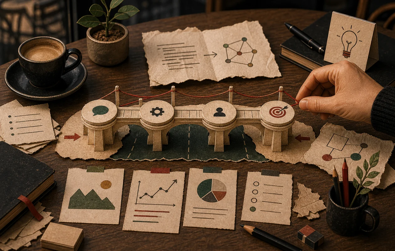 Redaktionelle Illustration zu Napkin AI: eine menschlich geführte Arbeitsstation mit Prüfschritten, Kontext und klarer Freigabe