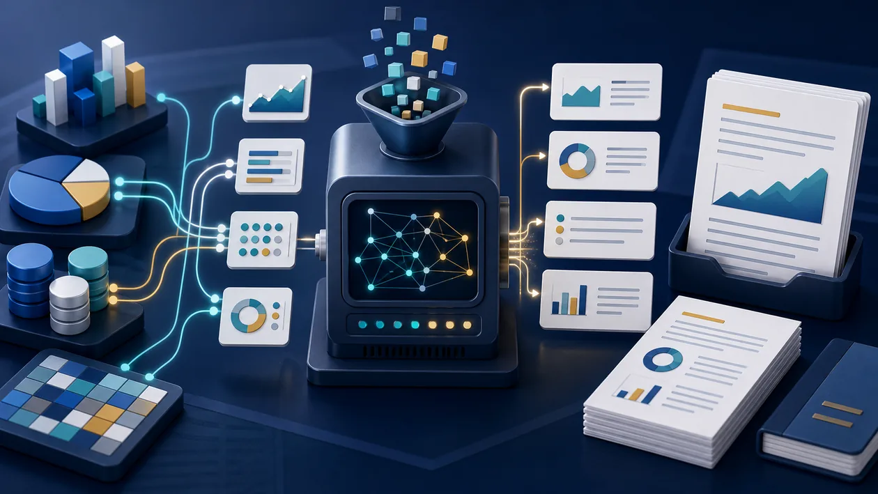 Illustration zu Narrative Science: Datenkarten und Diagramme verwandeln sich in erklaerende Berichtserzaehlungen