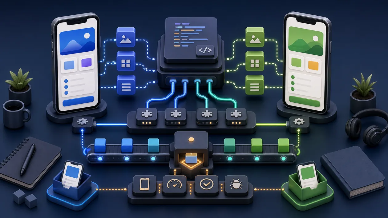 Illustration zu NativeScript: gemeinsame Komponenten verzweigen in zwei mobile App-Ausgaben