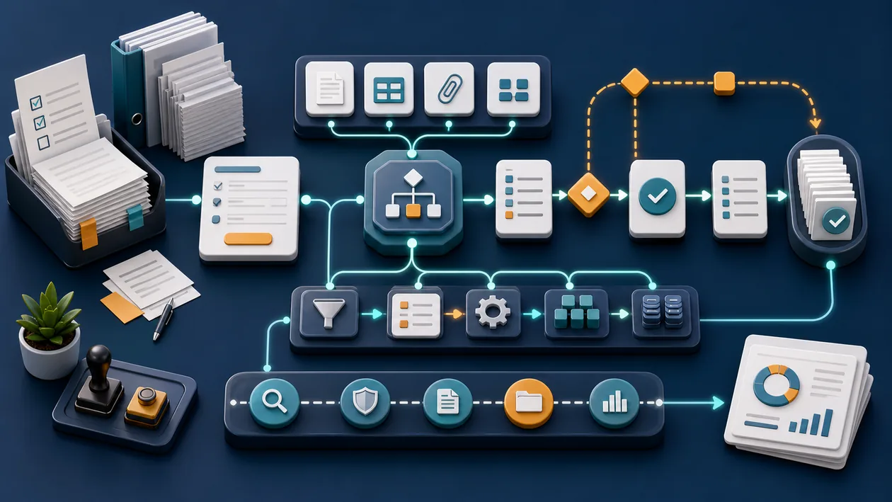Illustration zu Nintex: Formulare, Freigaben und Dokumente laufen durch einen automatisierten Workflow