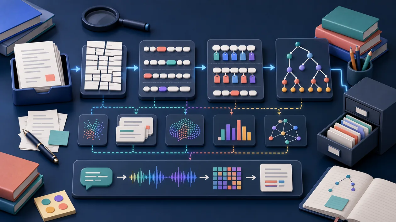 Illustration zu NLTK (Natural Language Toolkit): Sprachproben werden tokenisiert, codiert und zu NLP-Strukturen geordnet