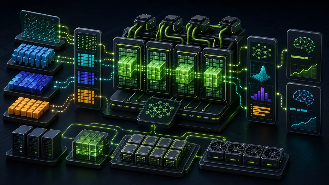 Illustration for NVIDIA Tensor Core GPUs: Tensor tiles move through accelerators and training paths