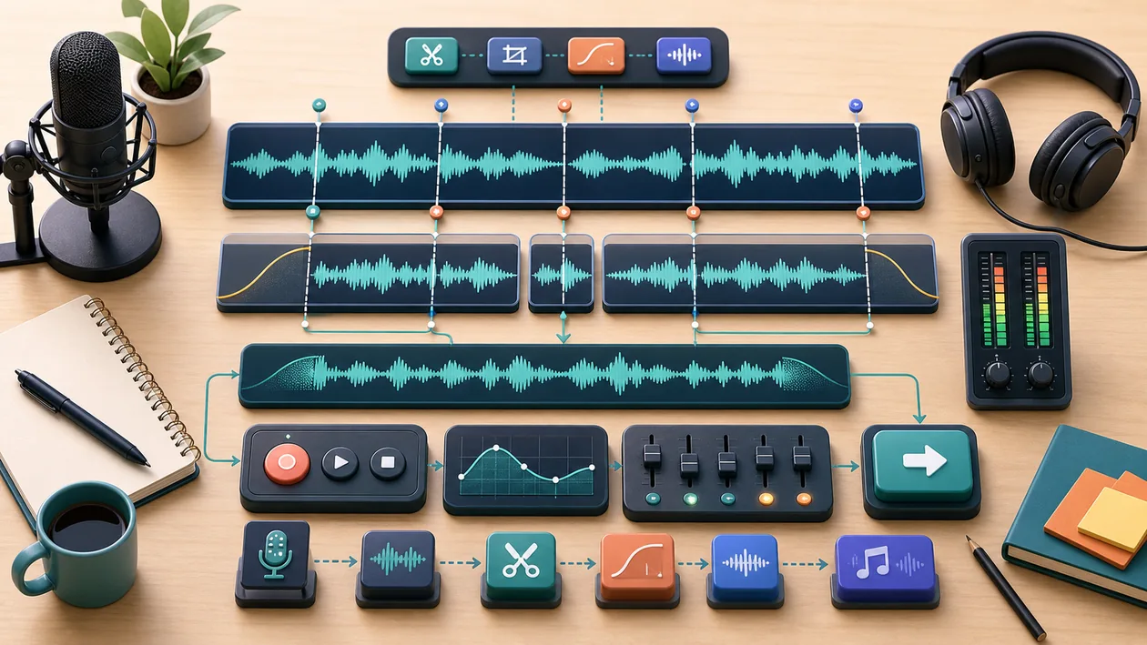Illustration zu Ocenaudio: Audiowellen werden geschnitten, geprueft und als sauberer Clip exportiert