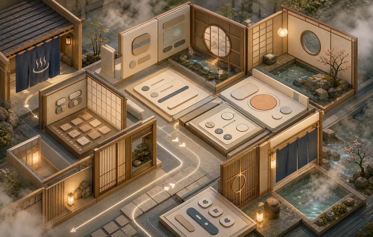 Illustration for Onsen UI: mobile components appear as calm bathhouse architecture made from modules and paths