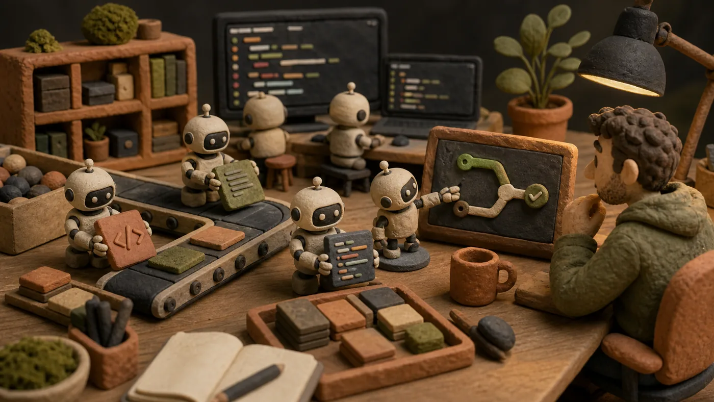 Illustration zu OpenHands: kleine Coding-Agenten reichen Aufgaben durch eine überwachte Werkstatt