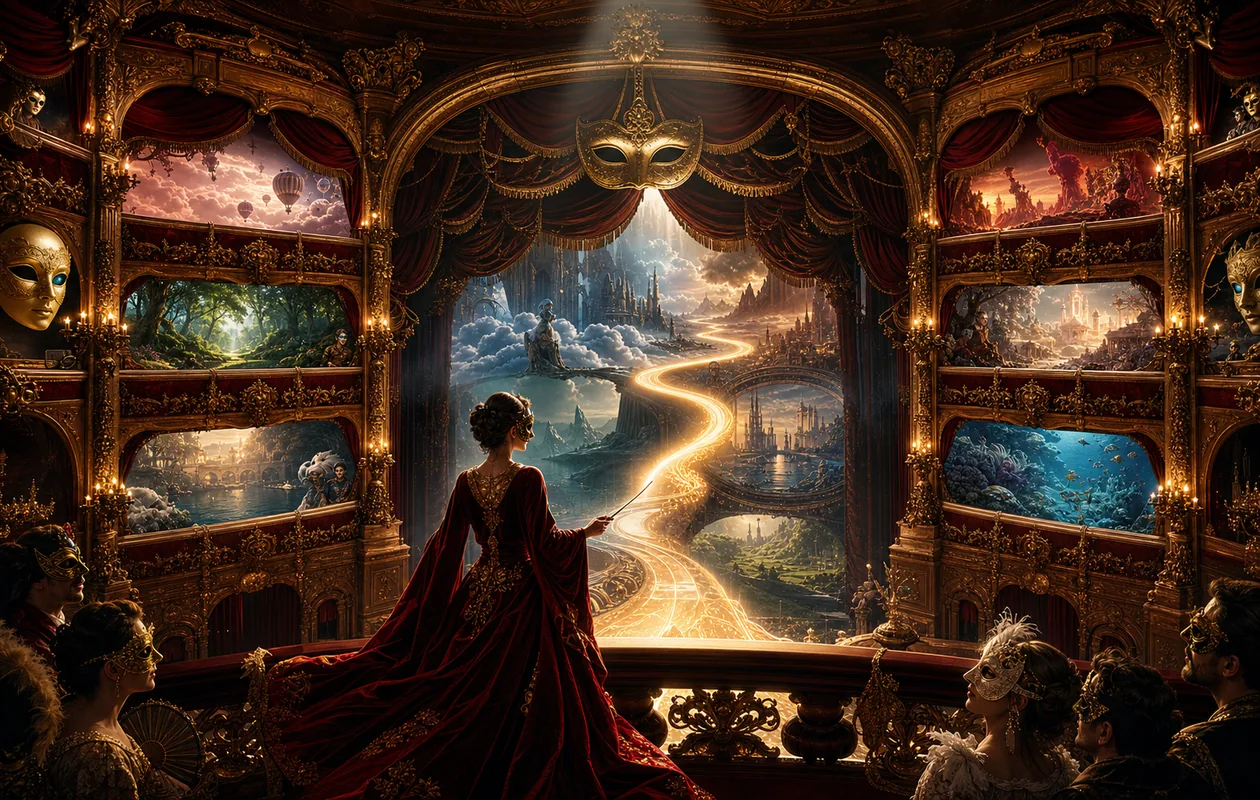 Illustration for Opera: web navigation is staged as an opera house with scene paths, curtains, and light trails