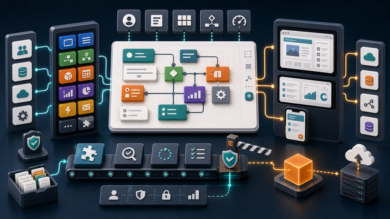 Illustration zu OutSystems: Low-Code-Bausteine, Integrationen und Deployment-Gates formen Business-Apps