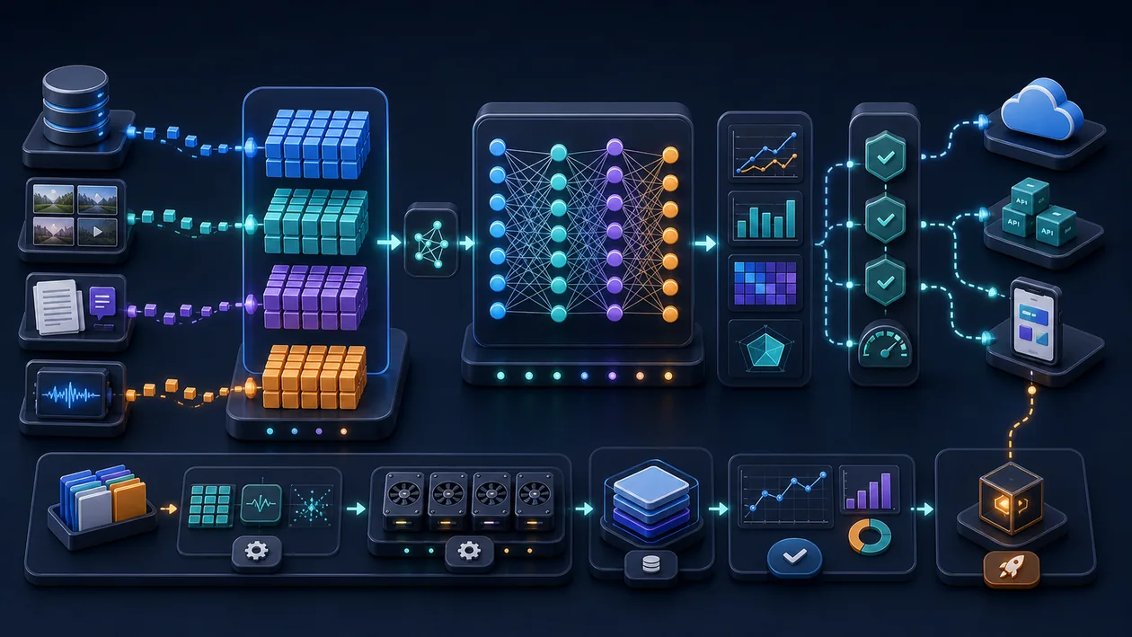 Illustration zu Paddle: Datenarrays laufen durch Modellschichten, Training und Inferenzpruefung
