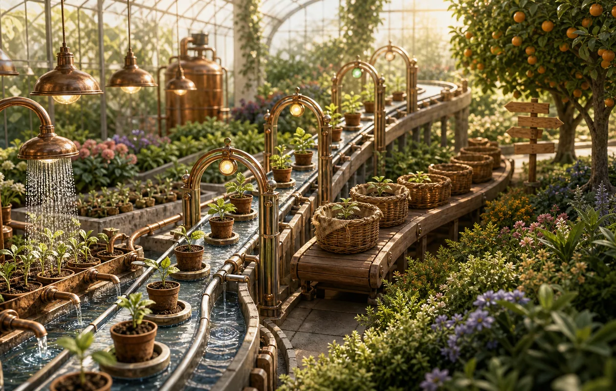Illustration for Pardot: lead nurturing grows as a greenhouse with channels, lamps, and handoff paths