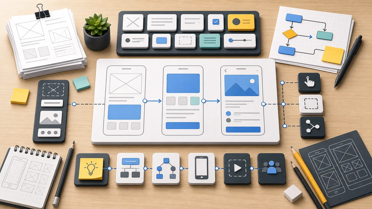 Illustration zu Pencil: Wireframes und Komponenten werden zu einem Prototypenfluss geordnet